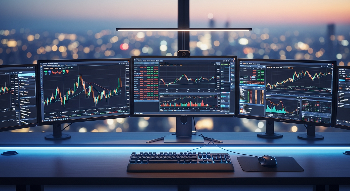 Focused trader preparing a prop firm challenge at a professional trading workspace