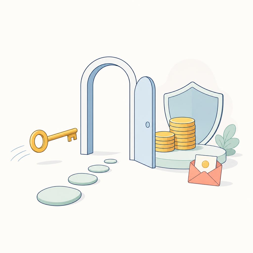 Minimal key and shield illustration representing a protected funded account transition