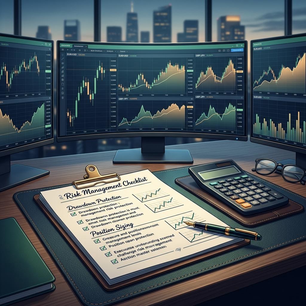 Position sizing blocks representing advanced prop firm risk management