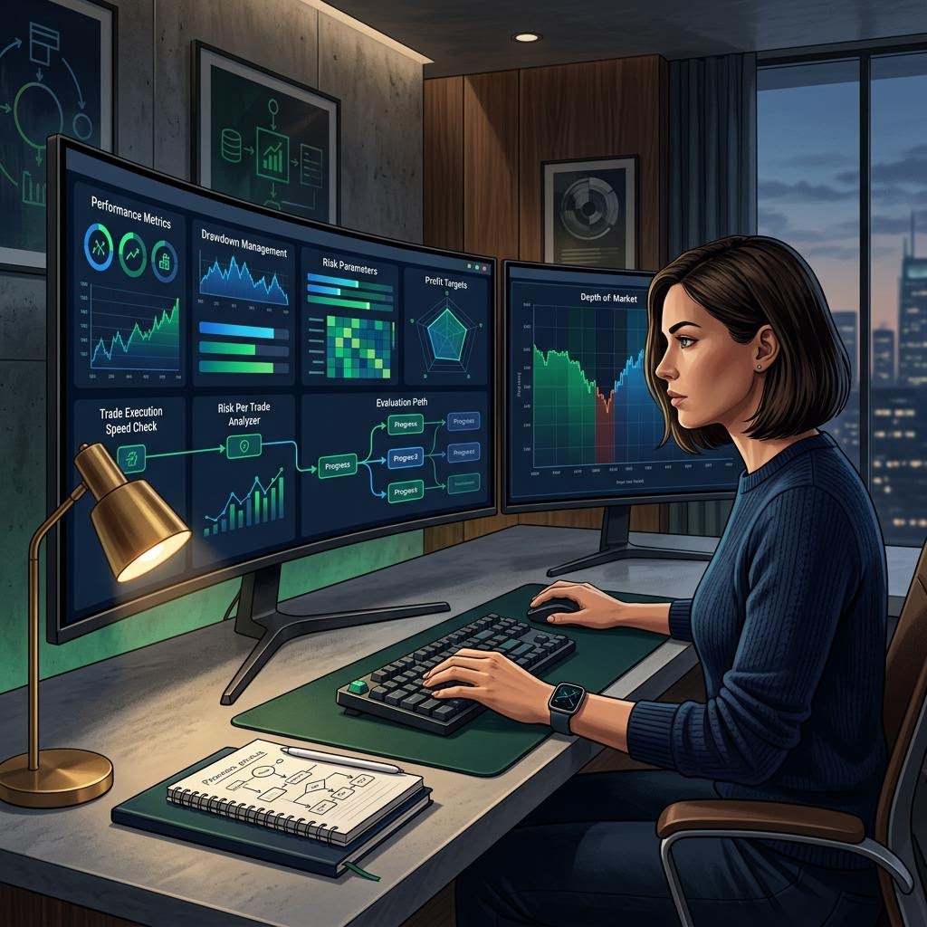 Trader focused under evaluation pressure while reviewing challenge metrics