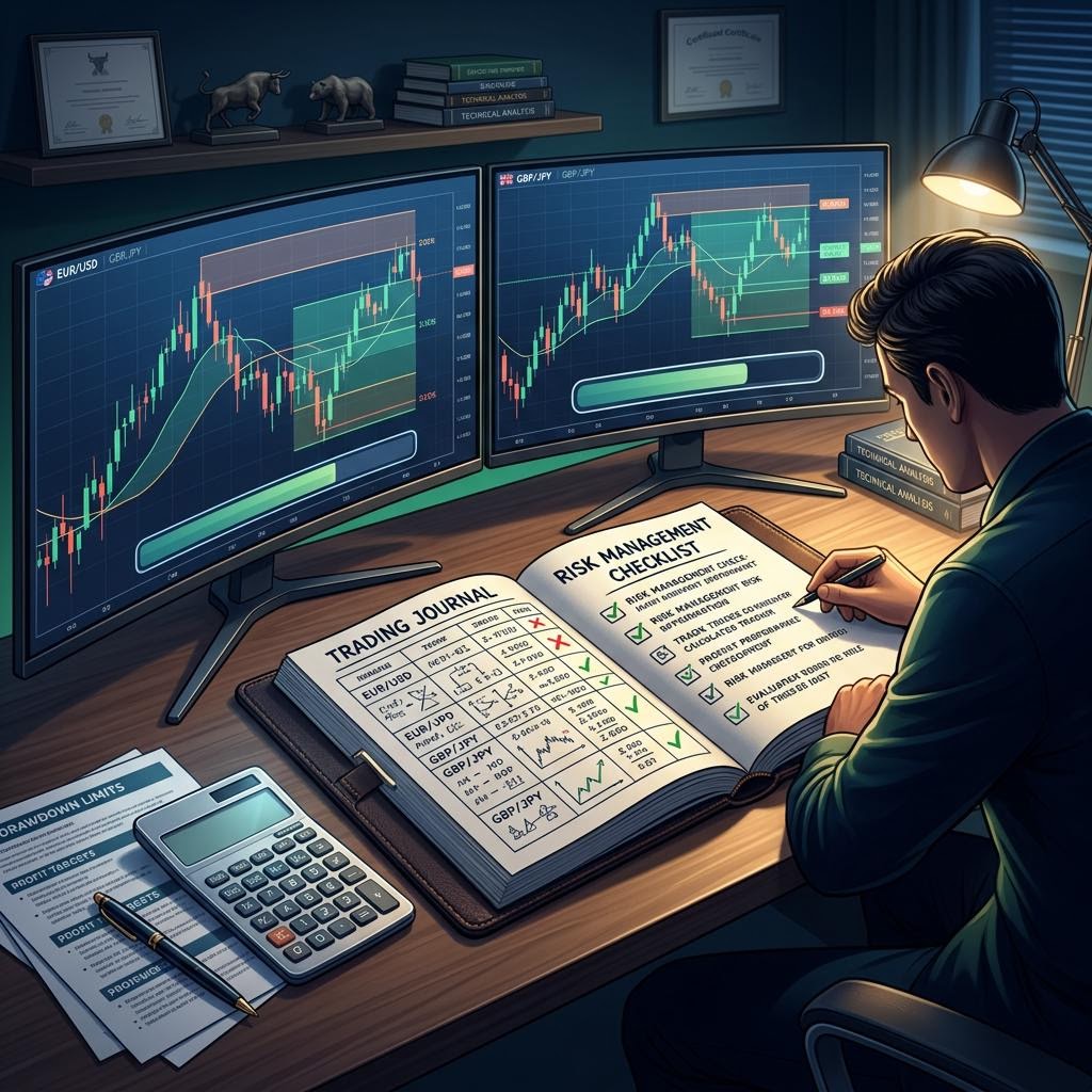 Trading journal used to review prop firm challenge decisions
