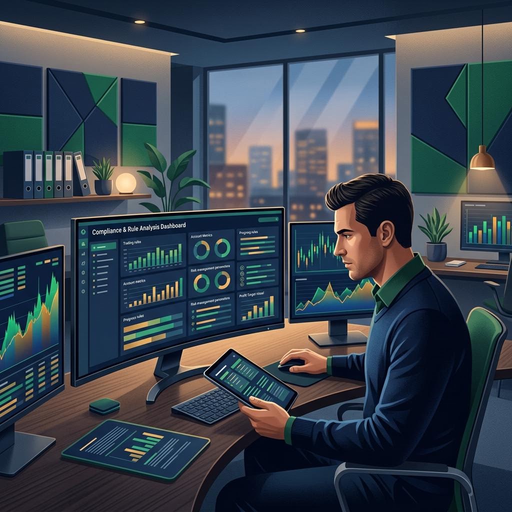 Modern prop trading firm building representing account rules and compliance