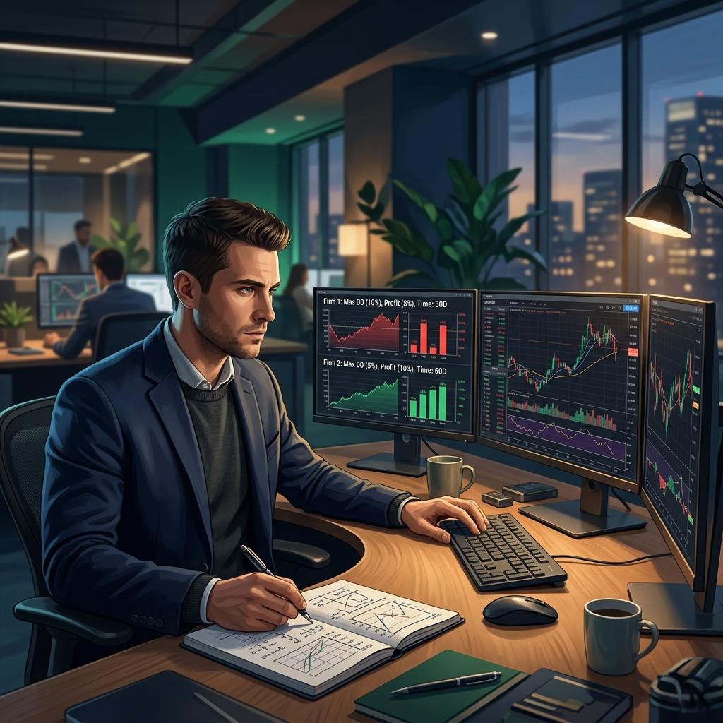 Trader reviewing a failed prop firm evaluation and planning a reset