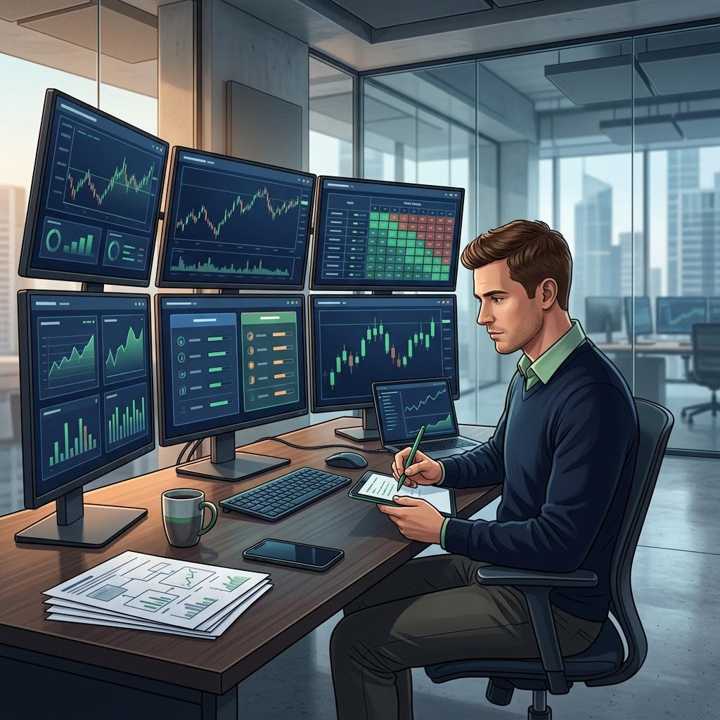 Organized trading workstation prepared for reliable prop firm execution