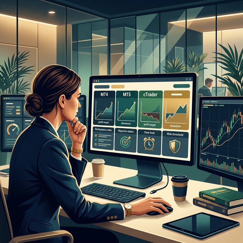 Connected trading platforms representing a prop firm challenge platform comparison