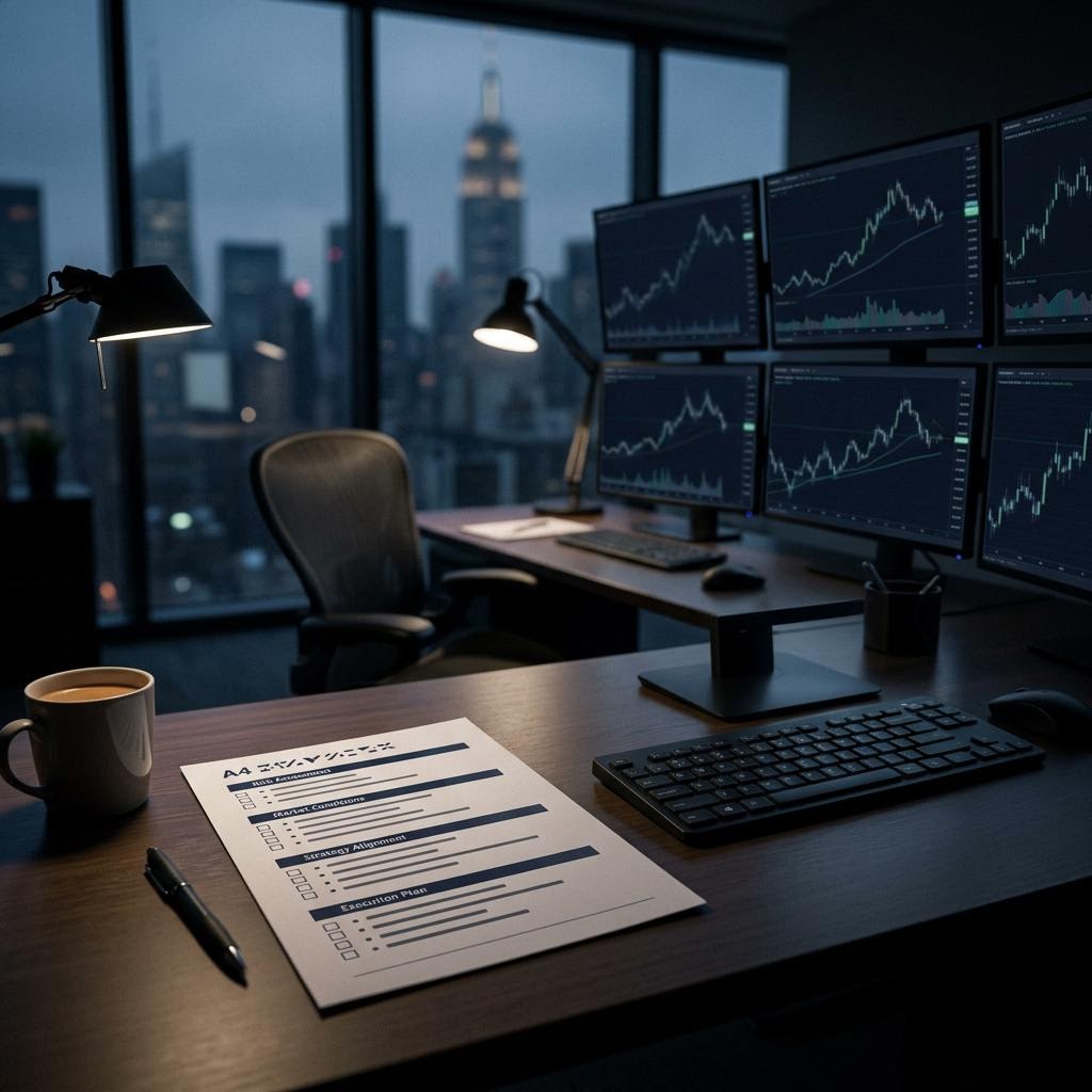 Pre-trade checklist beside a prop firm challenge trading screen