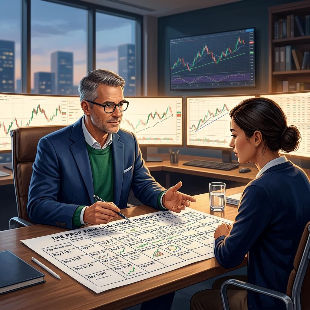 Organized trading desk prepared for a prop firm challenge routine