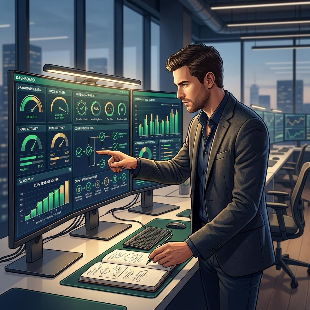Team of traders reviewing automated and copy trading compliance