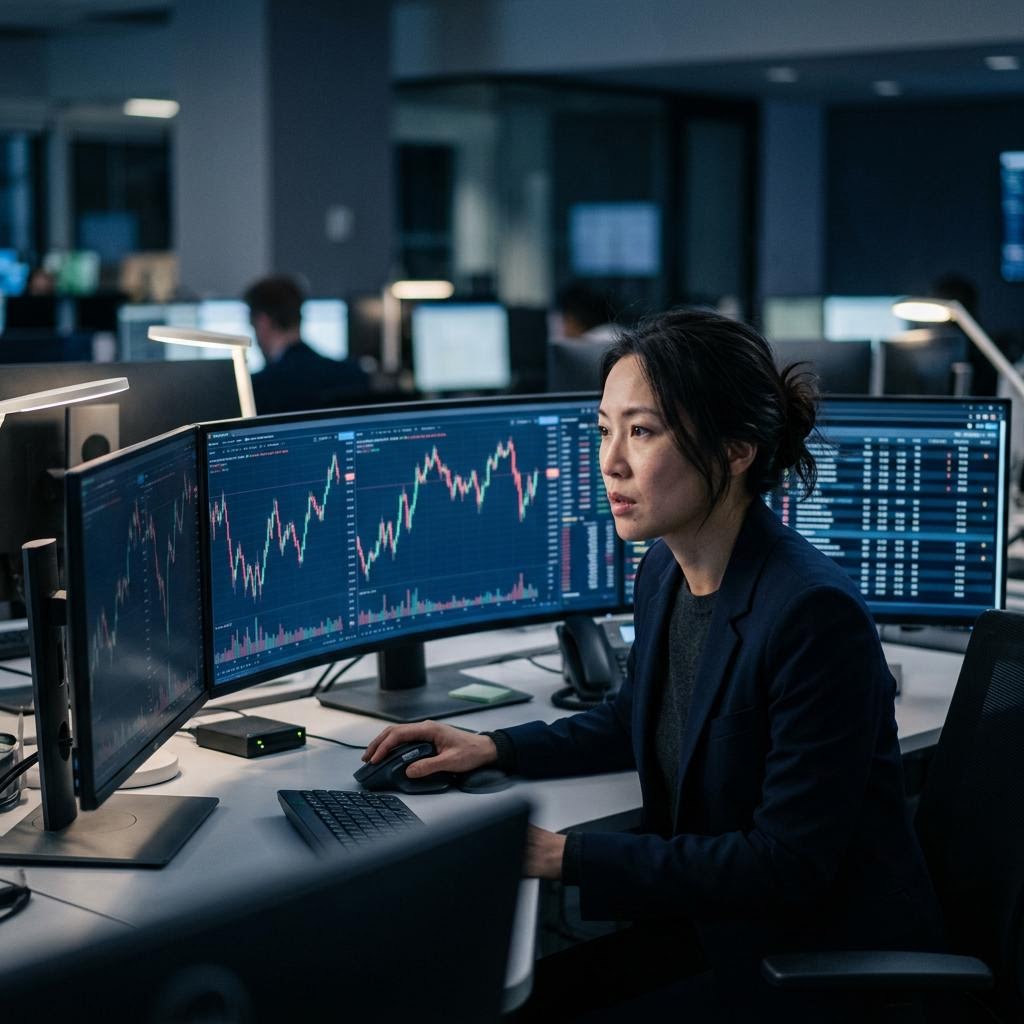 Market volatility storm representing news trading risk in a challenge