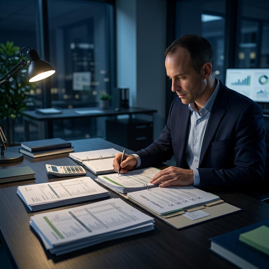 Trader reviewing funded account payout documents and account records