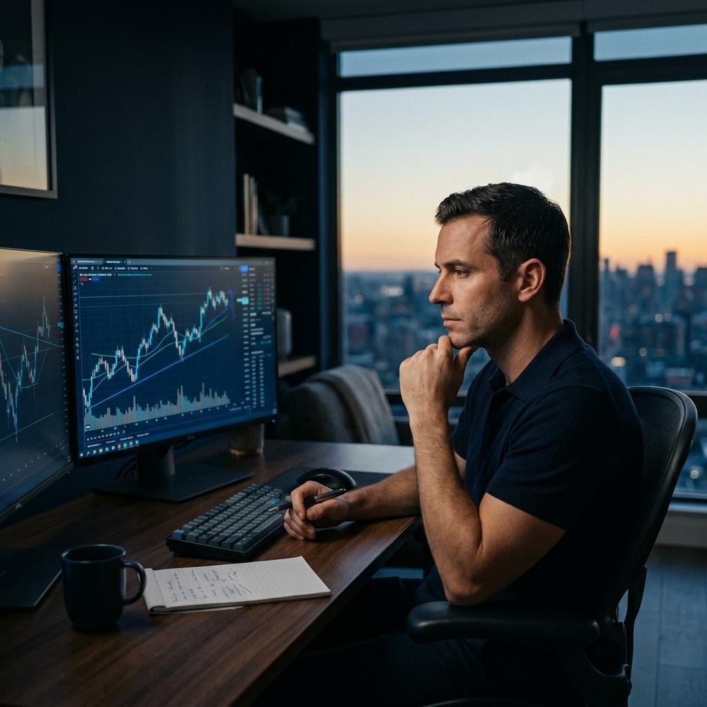 Calm trader reviewing a swing trade and overnight risk