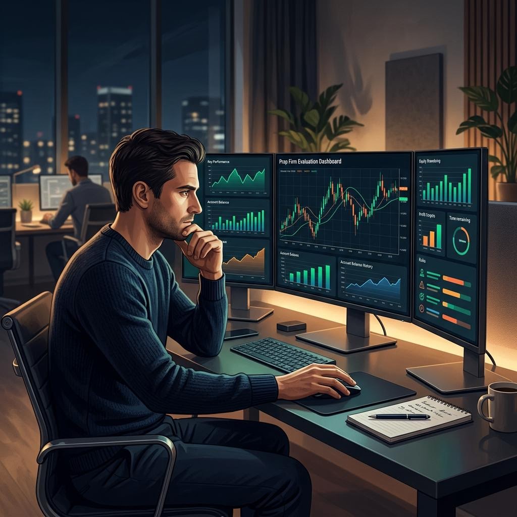 Trader balancing fear and greed during a prop firm evaluation